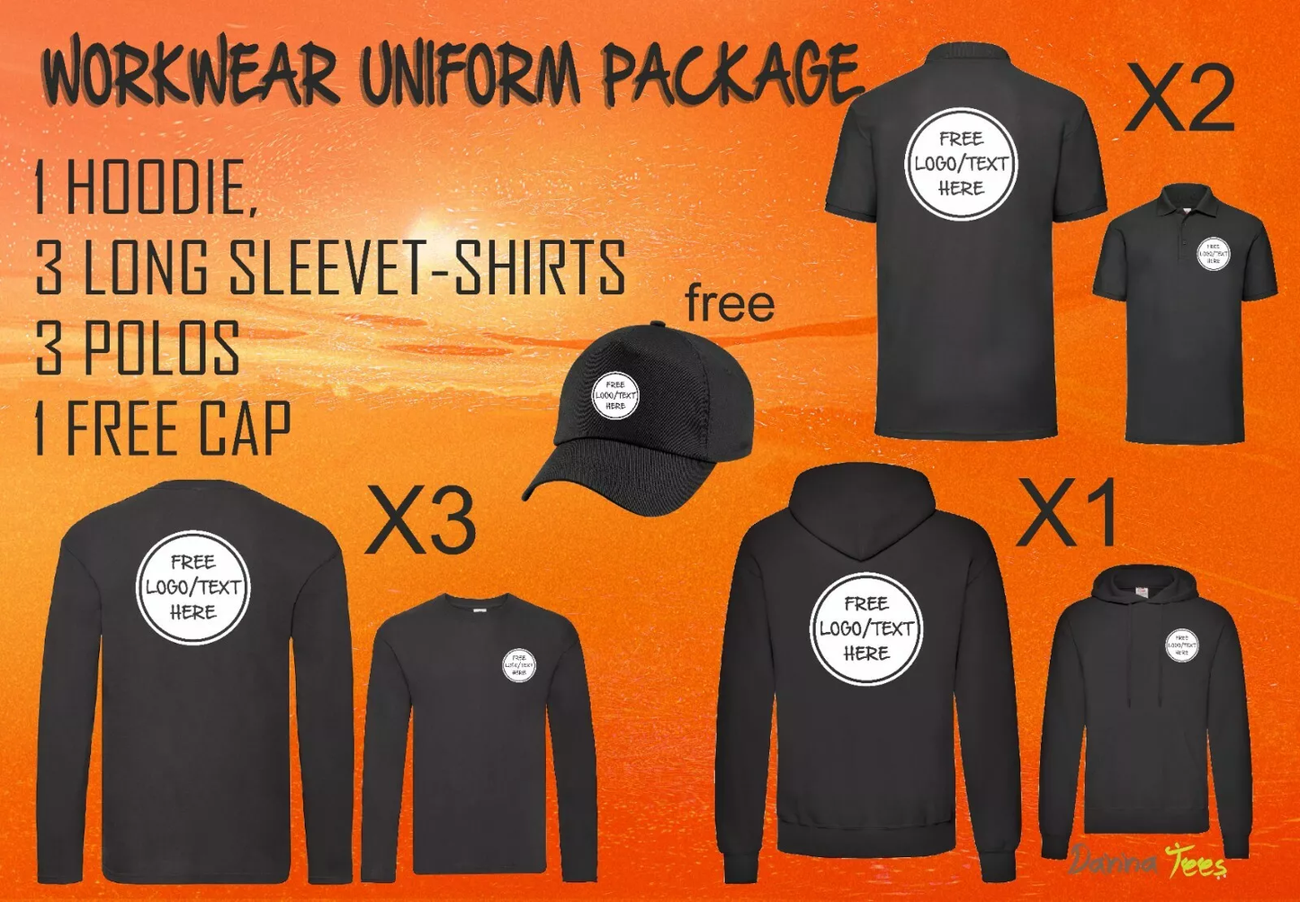 X01 Workwear Package: Custom Printed 2 Hoodies, 3 Long Sleeve T-shirt & 2 Polos