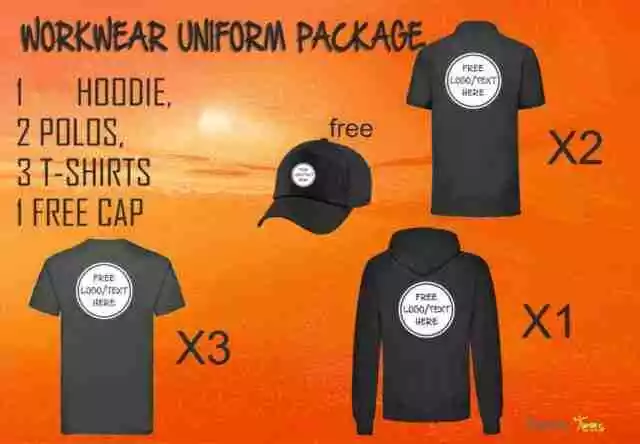 X04 Workwear Package: Custom Printed 1 Hoodie + 2 Polos + 3 T-Shirts