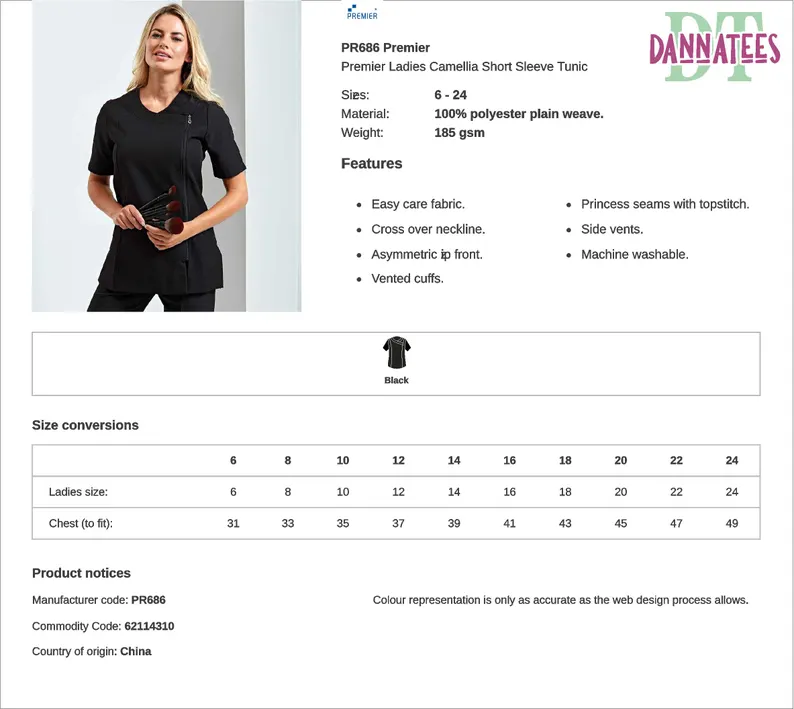 Personalised Premier Ladies Camellia Short Sleeve Tunic