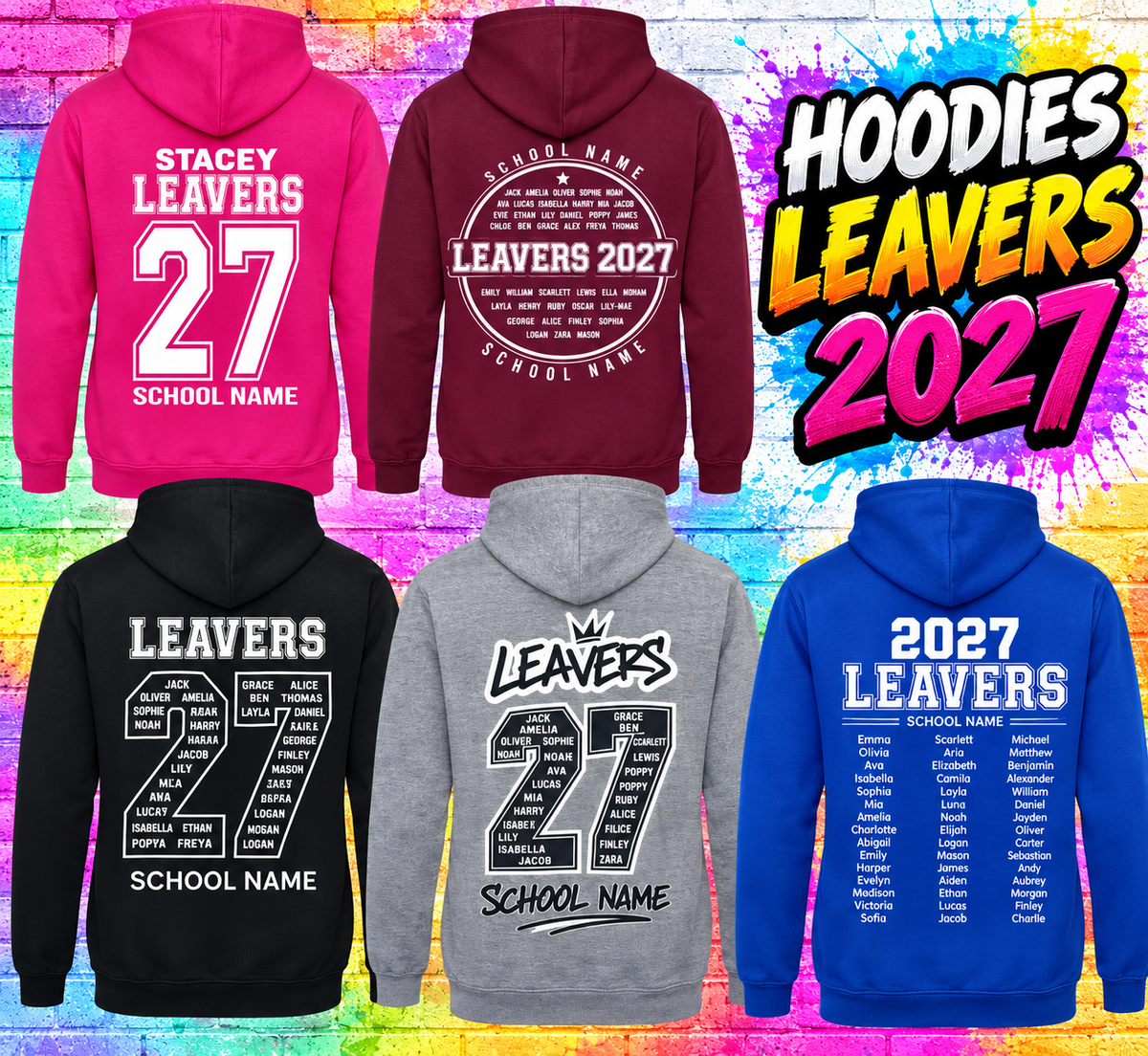 Personalised Leavers 2027 Hoodie Kids Adults School Year 11 Class Names 27