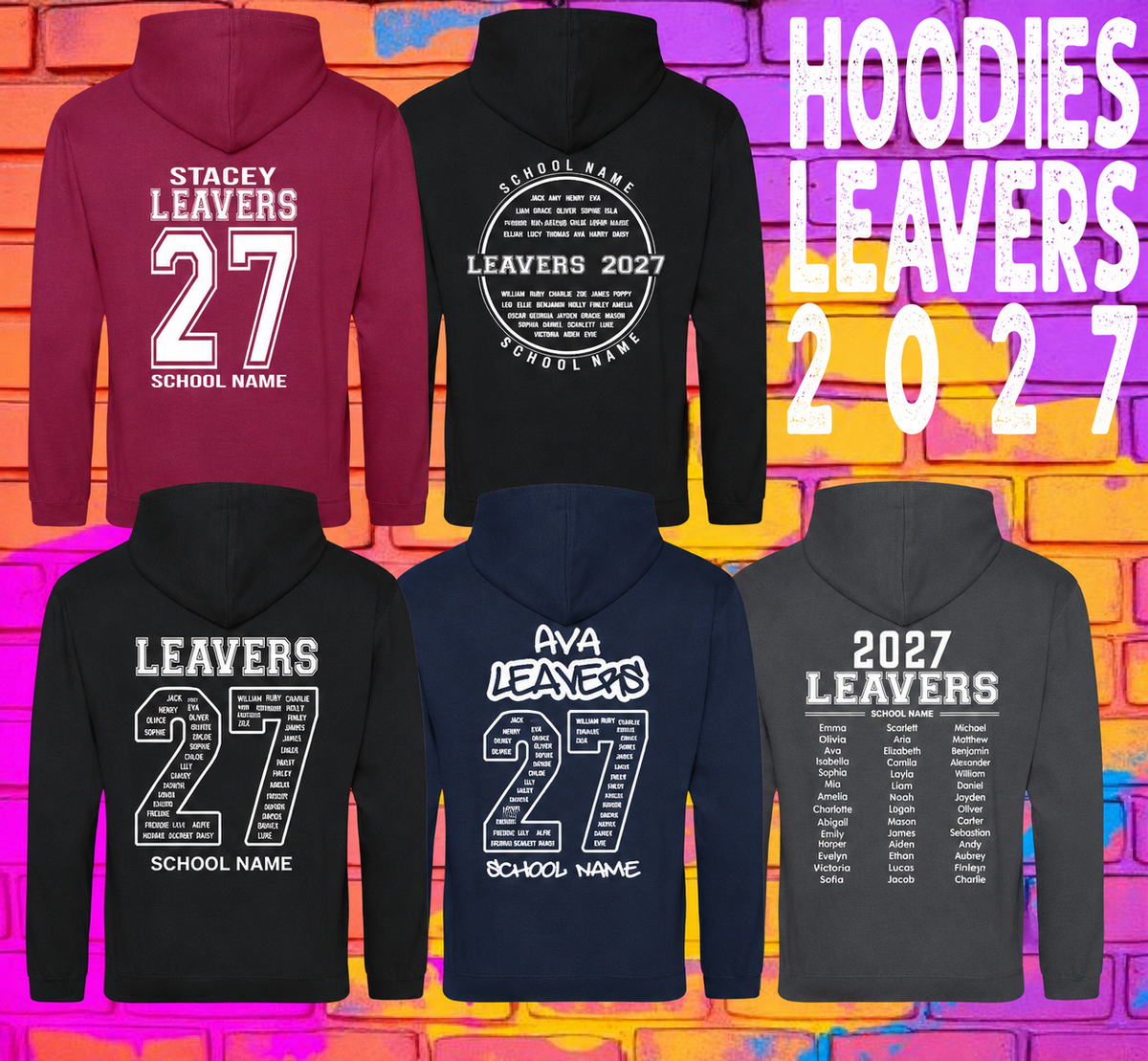 Personalised Leavers 2027 Hoodie Kids Adults School Year 11 Class Names 27