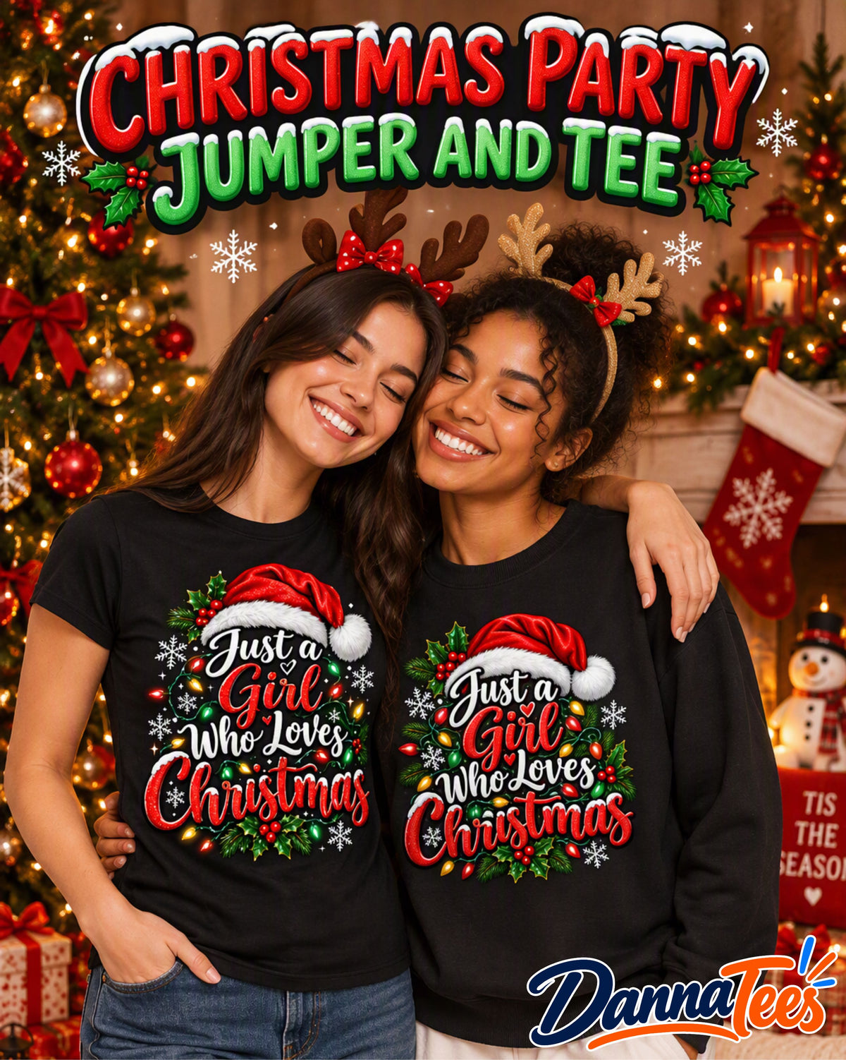 Just A Girl Who Loves Christmas T-Shirt or Sweatshirt Funny Xmas Santa Hat Graphic Tee