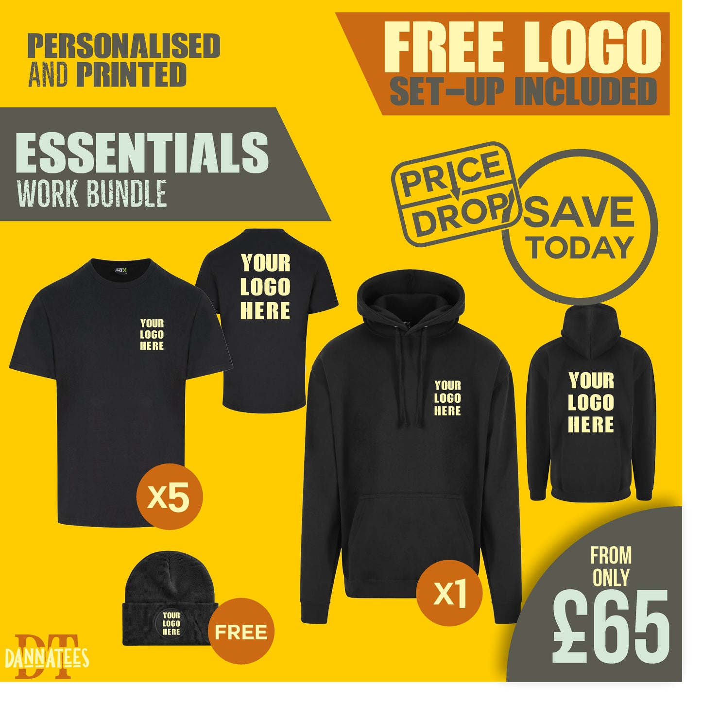 X05 Workwear Package – Custom Printed Hoodie & 5 T-Shirts | Branded Team Uniforms for Businesses & Trades