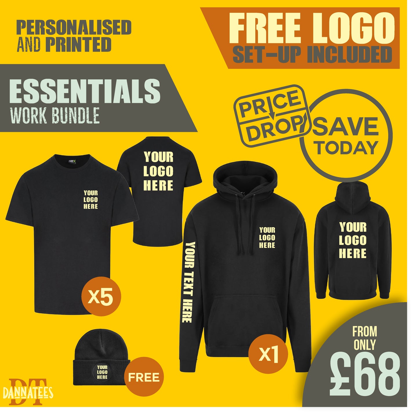 X05 Workwear Package – Custom Printed Hoodie & 5 T-Shirts | Branded Team Uniforms for Businesses & Trades