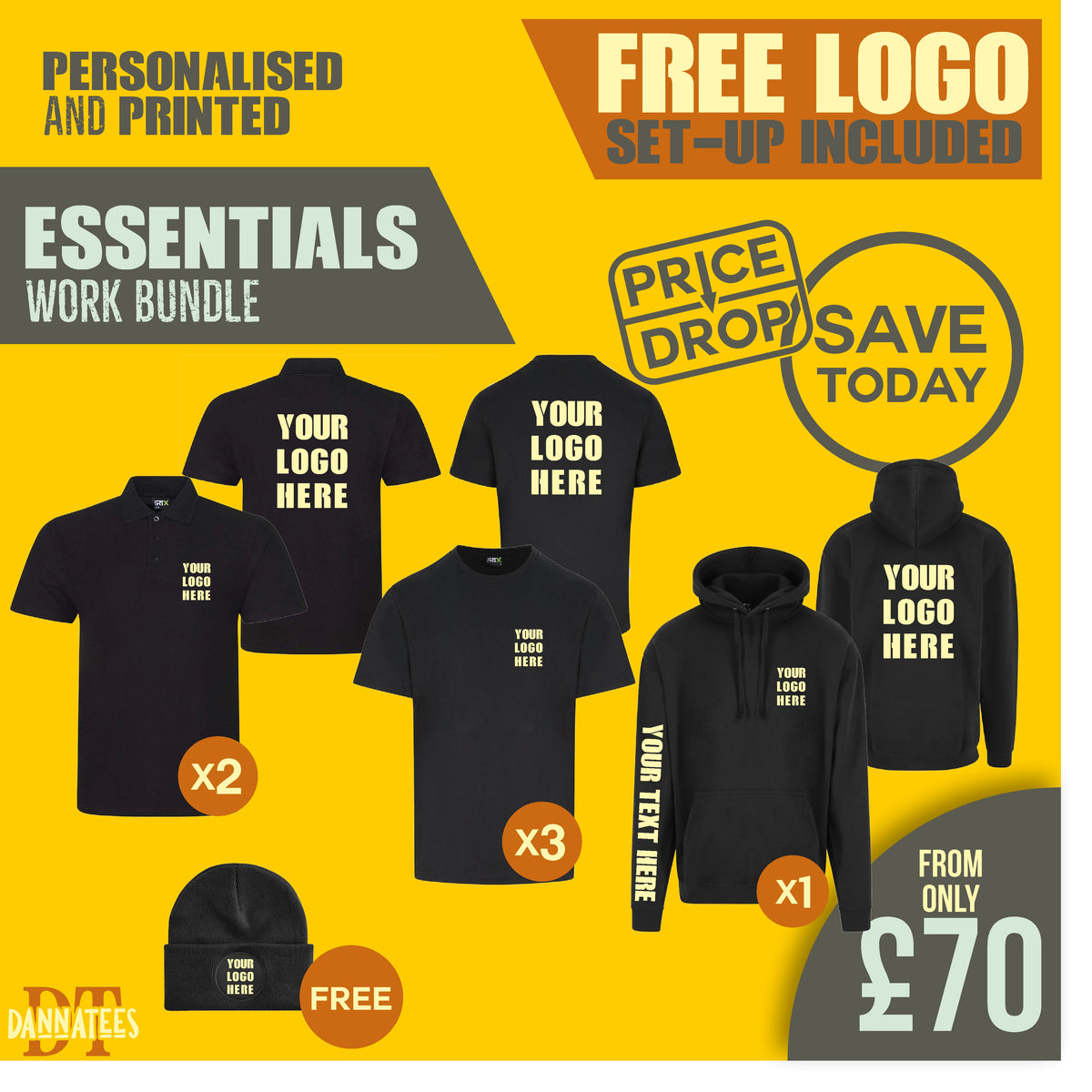 X04 Workwear Package: Custom Printed 1 Hoodie + 2 Polos + 3 T-Shirts