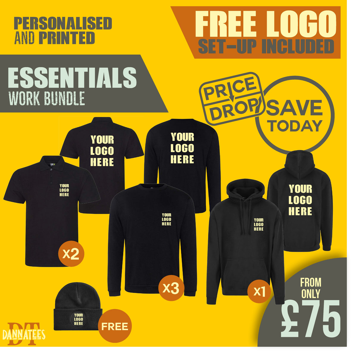 X01 Workwear Package: Custom Printed 1 Hoodie, 3 Long Sleeve T-shirt & 2 Polos