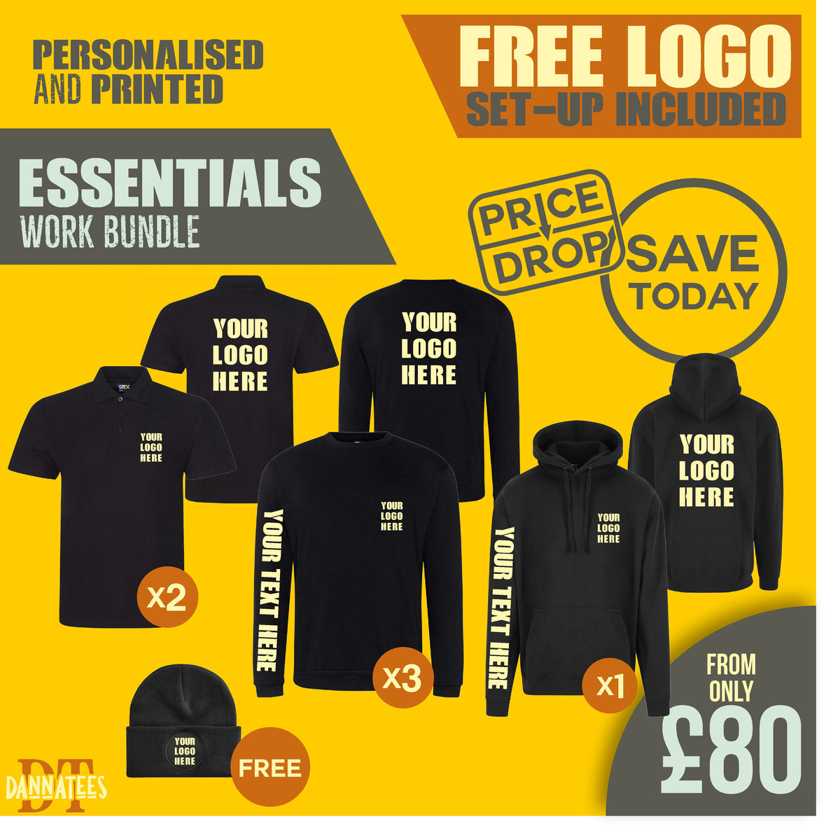 X01 Workwear Package: Custom Printed 1 Hoodie, 3 Long Sleeve T-shirt & 2 Polos