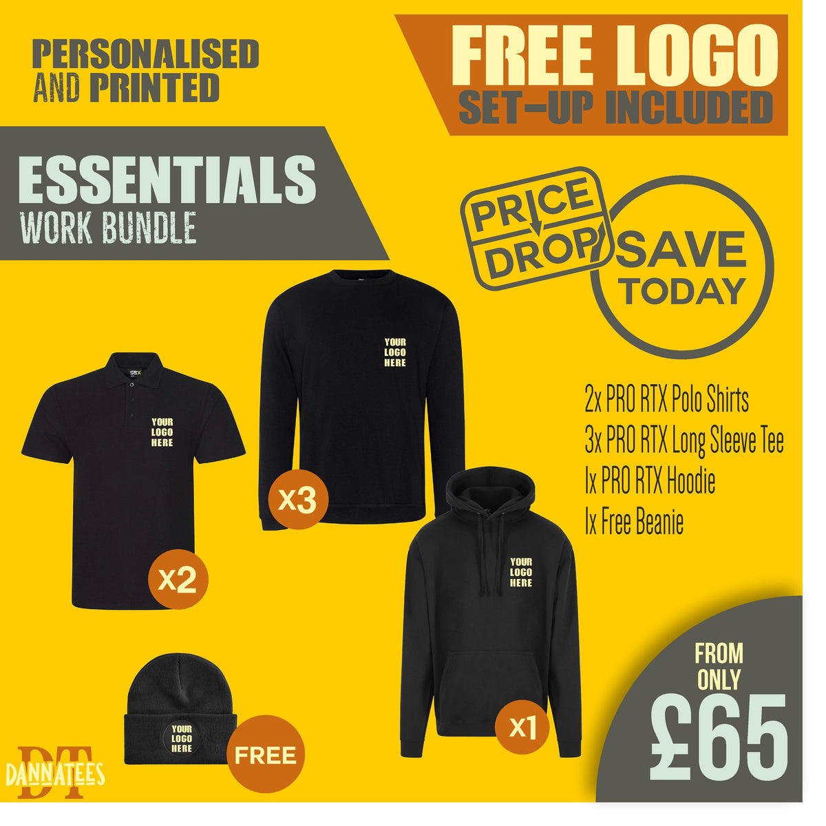 X01 Workwear Package: Custom Printed 1 Hoodie, 3 Long Sleeve T-shirt & 2 Polos
