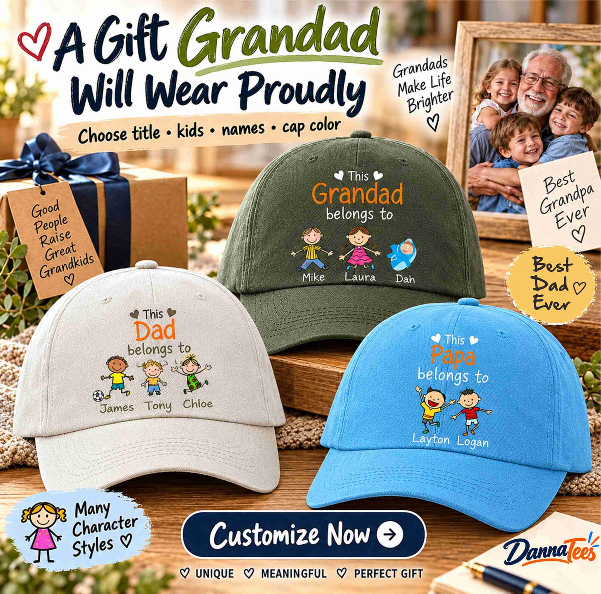 Personalised Grandad / Grandpa / Dad / Daddy / Papa Baseball Cap – Custom Family Names & Characters