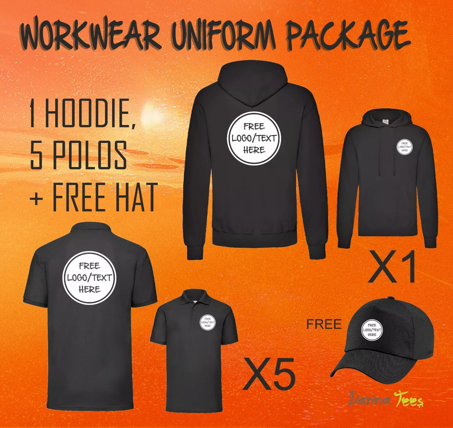 X02 Workwear Package: Custom Printed 1 Hoodie & 5 Polos