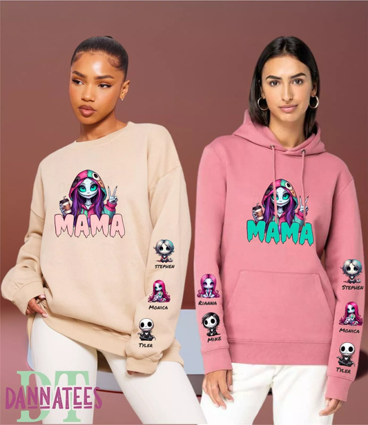 MAMA Personalised Hoodies / Sweatshirt with Kids characters + Name on sleeves