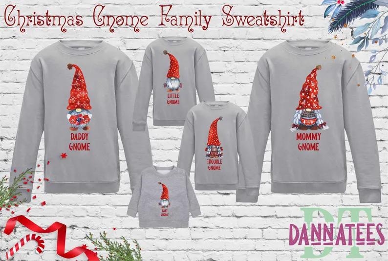 Personalized Christmas Gnome Family Sweatshirt: Matching Holiday Sweaters