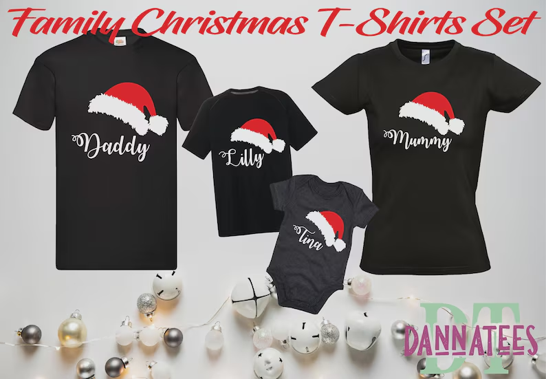 Personalized Family Christmas T-Shirts: Santa Hat Matching Set